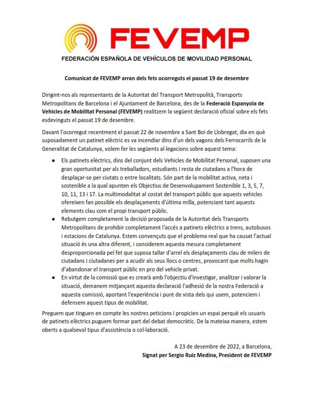 COMUNICADO DE FEVEMP EN RELACIÓN A LA PROHIBICIÓN DEL #VMP EN EL TRANSPORTE PÚBLICO