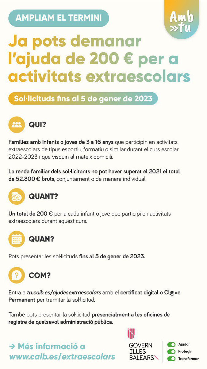 goib's tweet photo. 📣 Ampliam el termini 📣

Sol·licita l'ajuda de 200€ per a activitats extraescolars fins al 5 de gener de 2023 ❗

Perquè conciliar no ha de ser un privilegi.

 👉 https://t.co/lAQNf2c59S https://t.co/iwcowODkLJ