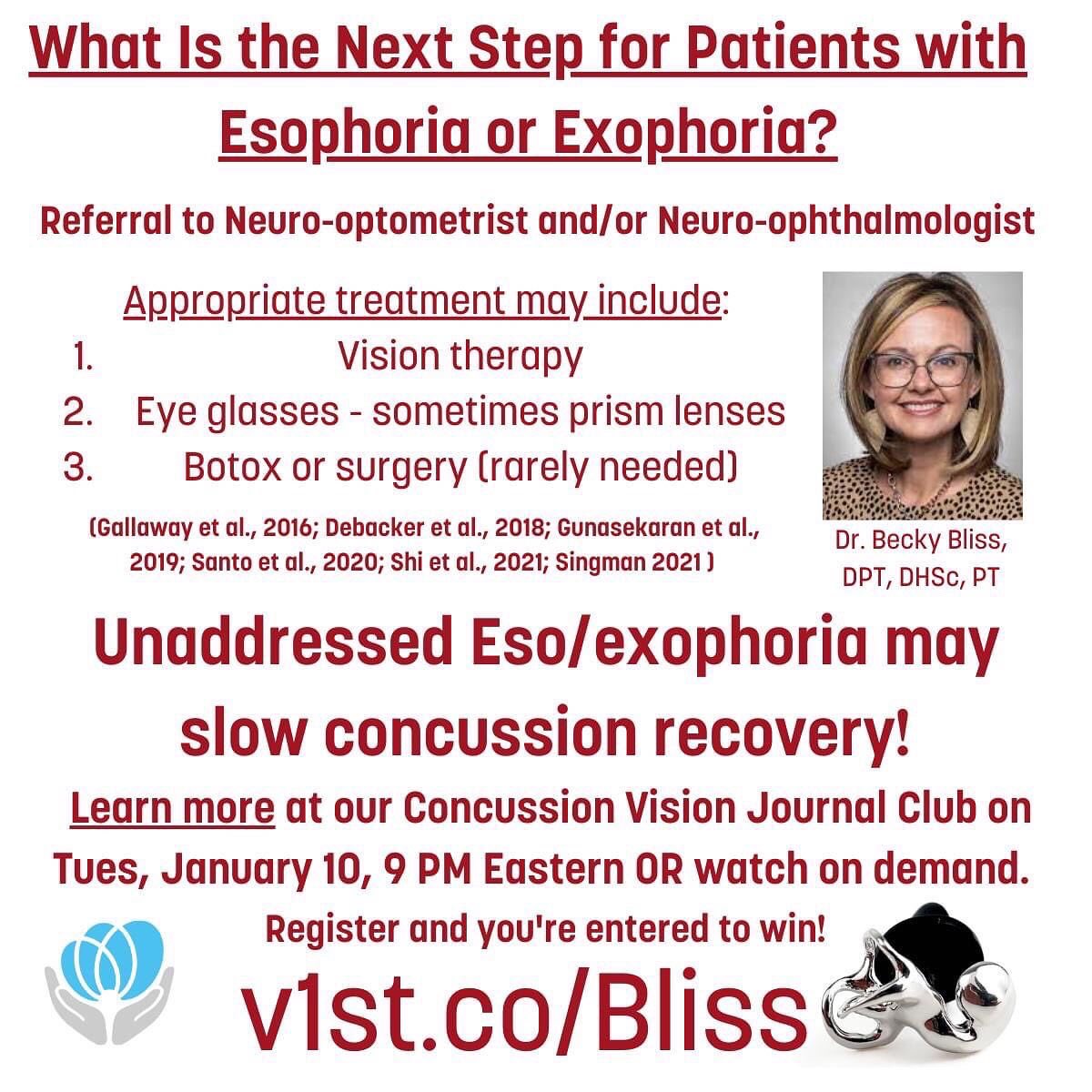 VestibularFirst's tweet image. Eye misalignment after concussion - is it contributing to your patient's headaches, difficulty reading, or fatigue? Learn more at our Jan 10th Journal Club or watch on-demand afterwards. Register v1st.co/Bliss #concussion #neurology #migraine #optometry #ophthalmology
