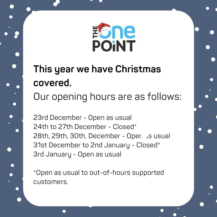 theonepoint's tweet photo. Merry Christmas to our friends and customers. 
Our opening hours for The One Point over the Christmas period.🎄 https://t.co/i2V77DzpWu