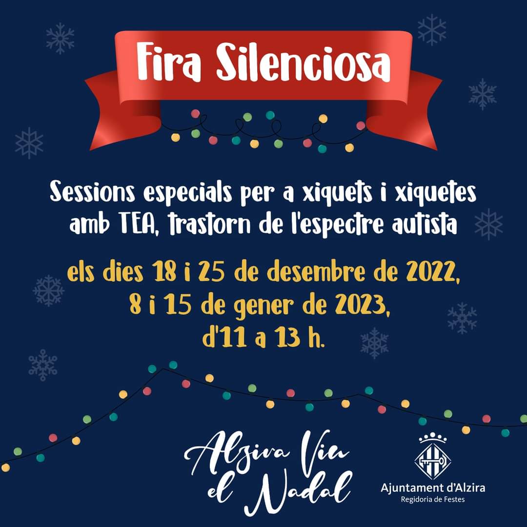 AjuntAlzira's tweet photo. 🎠FIRA D’ATRACCIONS DE NADAL
Tradicional fira d’atraccions per a tota la família. 

💙💙💙Sessions especials “Fira silenciosa” per a xiquets i xiquetes amb Autisme i Asperger,  25 de desembre, 8 i 15 de gener, d’11 a 13 hores. https://t.co/F1Uzv3Pjg9