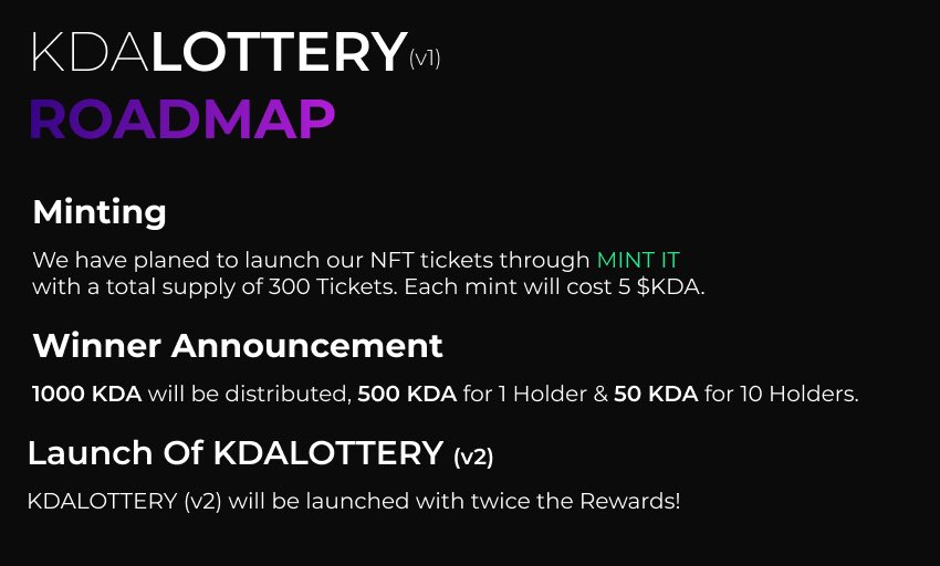 kdalottery's tweet photo. #Kadena Community are you ready to mint your tickets?

Apart from the 11 Winners we will be doing some giveaways for active followers.🎅🚀

Minting will be live in a Week. Are you ready to win some $KDA https://t.co/yDyQZo2ufk