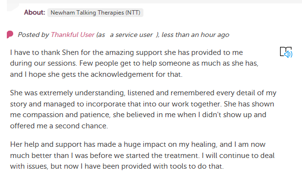 careopinion's tweet photo. "She believed in me." Lovely feedback for @NewhamIAPT 💖 #Newham #mentalhealth https://t.co/mESorH89Pl https://t.co/SBdEUOAUHD
