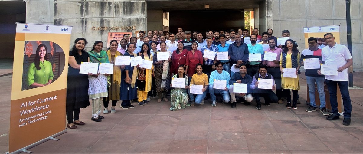 ai4youth's tweet photo. 57 educators completed the 2-day workshop on AI for Current Workforce held in Ahmedabad. Organized jointly by @Intel &amp; @InnoClubCHE, @EduMinOfGujarat, the sessions aimed towards closing the #AI skills gap for immediate impact &amp; ensuring #AIReadiness. #AI4Workforce @mnagarajan https://t.co/4JZQj0KUKD