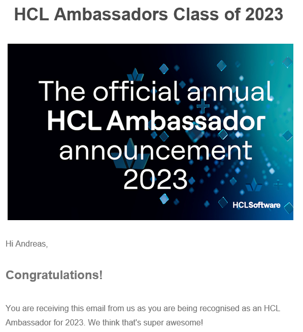 easterlakes's tweet photo. Thanks to everyone who nominated me as an #HCLAmbassador for next year. Congratulations to the whole class of @HCLAmbassadors and especially to my colleague @MSSputnic and my #DNUG Connections fellows @stoeps and @jrafflen @HCLDigital https://t.co/0nSSIjckV3