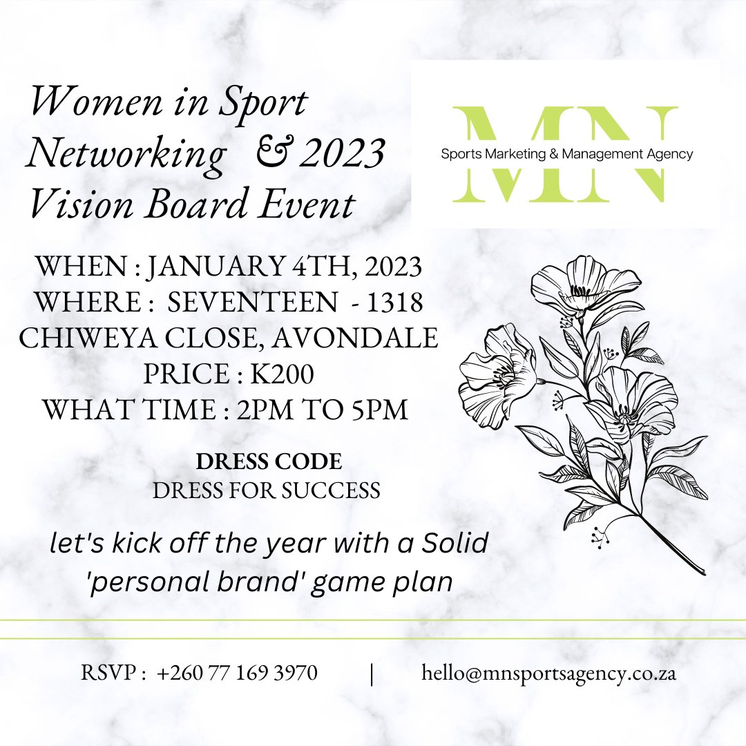 MNSportsagency's tweet photo. Hello #Zambia Women in Sport, we are having a Networking and Vision Board Event on January 4th, 2023.
Hope to see you there💚 https://t.co/YgzAQkARdT