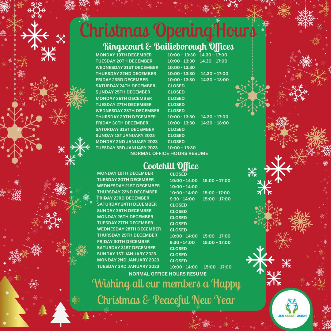 LINK_CU's tweet photo. 🎄🎅✨CHRISTMAS OPENING HOURS 🎄🎅✨
Please note the opening hours for our 3 offices over the Christmas and New Years period.
A reminder our online services are available 24/7. Wishing all our members a Happy Christmas &amp; thank you for your support throughout the year. https://t.co/jSMOBXFfQh