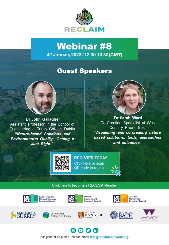 reclaim_network's tweet image. A gentle reminder that early in the New Year will be Webinar #8 in the #RECLAIMNetworkPlus series. 

The webinar focus will be on #Naturebasedsolutions.

To register please click here surrey-ac.zoom.us/webinar/regist…

@EnvDrJohnG @RainShare @WestcountryRT @pk_shishodia @LaurenceJonesES
