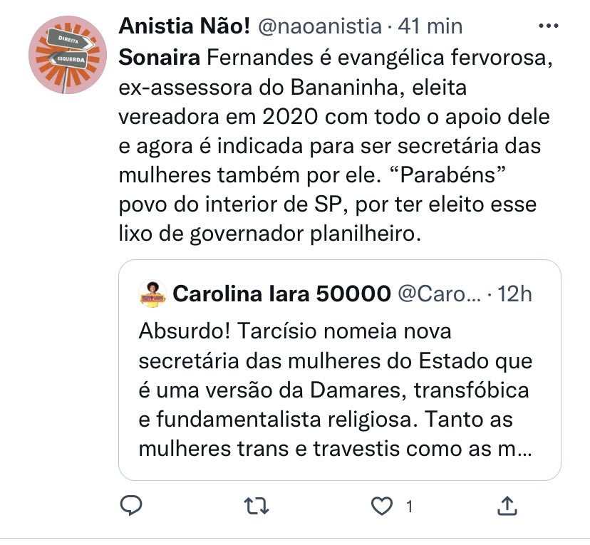 A <a href="/Sonaira_sp/">Sonaira Fernandes</a> nem assumiu e já está tirando o sono da esquerda! Excelente escolha do <a href="/tarcisiogdf/">Tarcísio Gomes de Freitas</a>