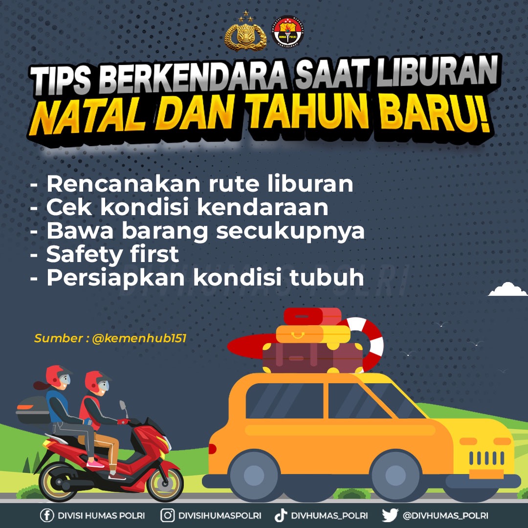 Tips Berkendara Saat Liburan Natal dan Tahun Baru!

Ada beberapa hal yang harus kamu perhatikan agar perjalanan Libur Natal 2022 dan Tahun Baru 2023 tetap menyenangkan. Yuk, simak poin berikut! Operasi Lilin Polri 2022  
#ProkesNataru2023 

Sumber : <a href="/kemenhub151/">Kemenhub RI</a>