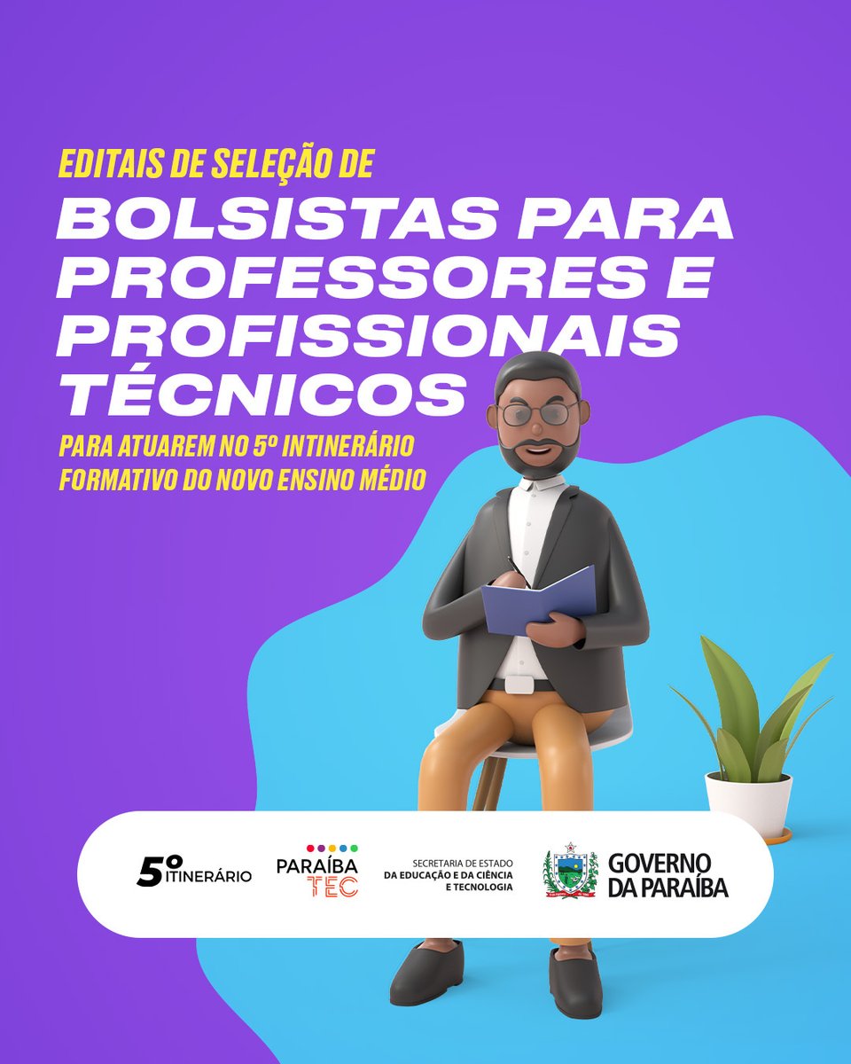 educacaogovpb's tweet photo. ATENÇÃO, professores e profissionais técnicos! O Programa Paraibatec lançou dois processos seletivos destinados a contratação de professores e profissionais técnicos para atuarem no 5º Itinerário Formativo do Novo Ensino Médio. https://t.co/c0ZBkav2L4. https://t.co/WDTbhhbRdB