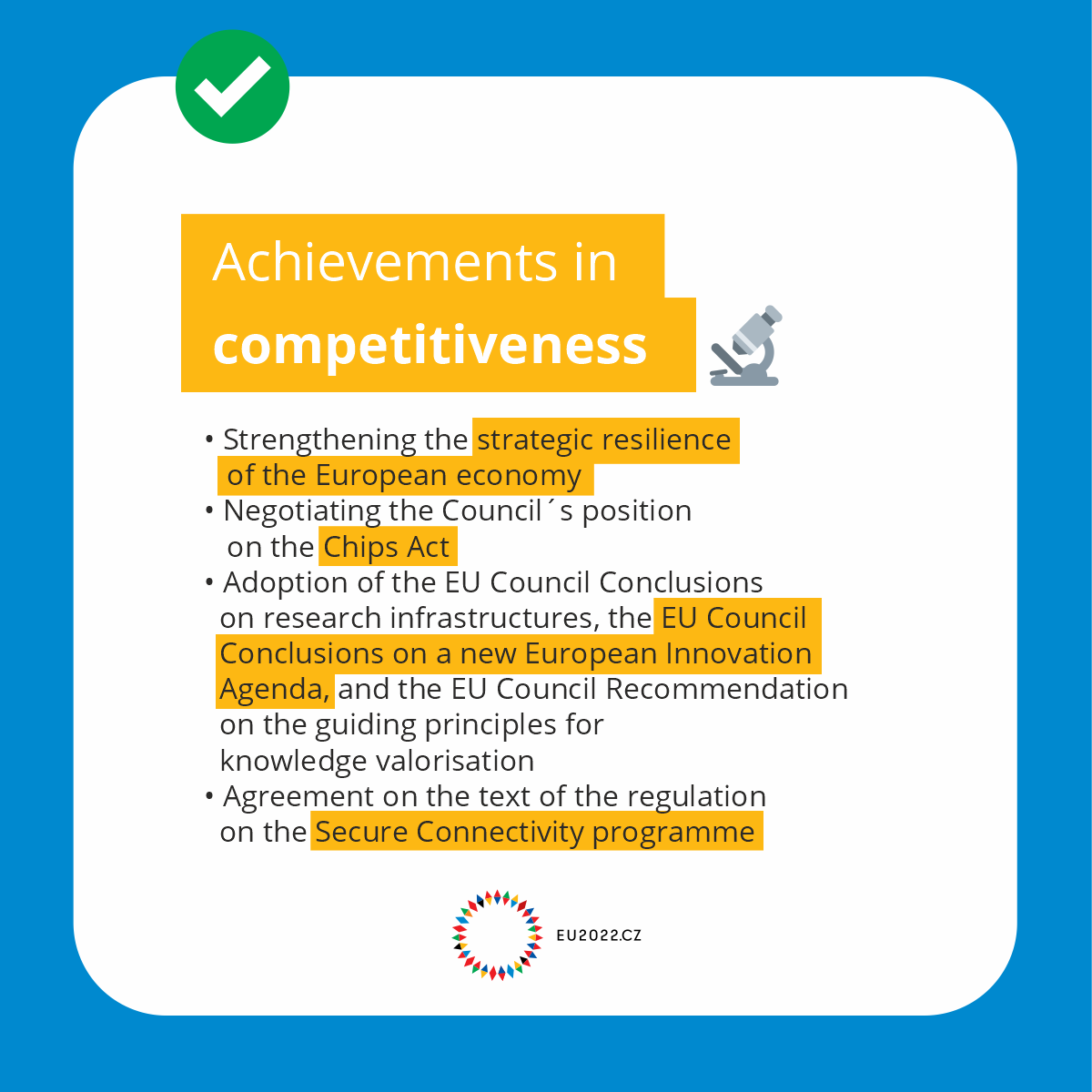 EU2022_CZ's tweet photo. ✅❗ Achievements of #EU2022CZ in competitiveness 
👉 The Czech Presidency has successfully undertaken its difficult task also in the field of competitiveness.
👉 You can read about the achievements here ➡ https://t.co/Gv4RuoAVO8 https://t.co/mKcMRH9yCy