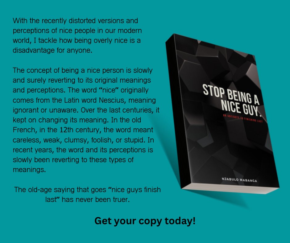 NjabuloMabanga's tweet photo. Stop Being A Nice Guy.
Get this riveting book today! 
Get your copy here: https://t.co/PIJKwWCoA1

Deliveries are done nationwide (ZA)

Lady Du I Mbalula I Malusi Gigaba I Intercape I Zuma I Malema I Xmas https://t.co/HsuRf30Px1