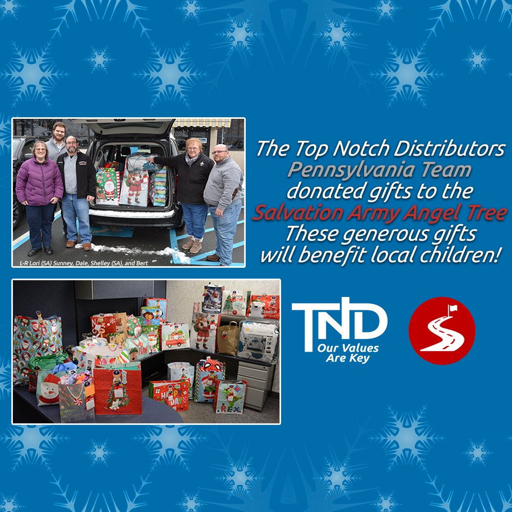 TopNotchDistInc's tweet photo. The Top Notch Distributors team donated gifts to support our local communities this holiday season. We are grateful for the opportunity to support Toys for Tots and the Salvation Army Angel Tree.
#Community #TakeTheLongView #Holidays #Values https://t.co/i4ua1ulP42