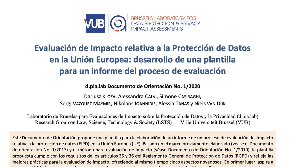 Nuestro resumen de políticas se ha publicado en español, "Evaluación de Impacto relativa a la Protección de Datos en la Unión Europea: desarrollo de una plantilla para un informe del proceso de evaluación" researchportal.vub.be/en/publication…