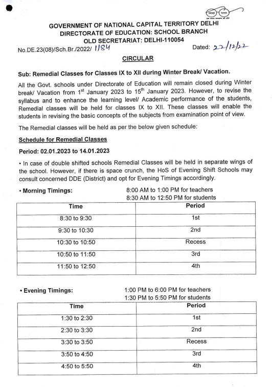 Government Schools Closed During Winter Vacation, till 15th January