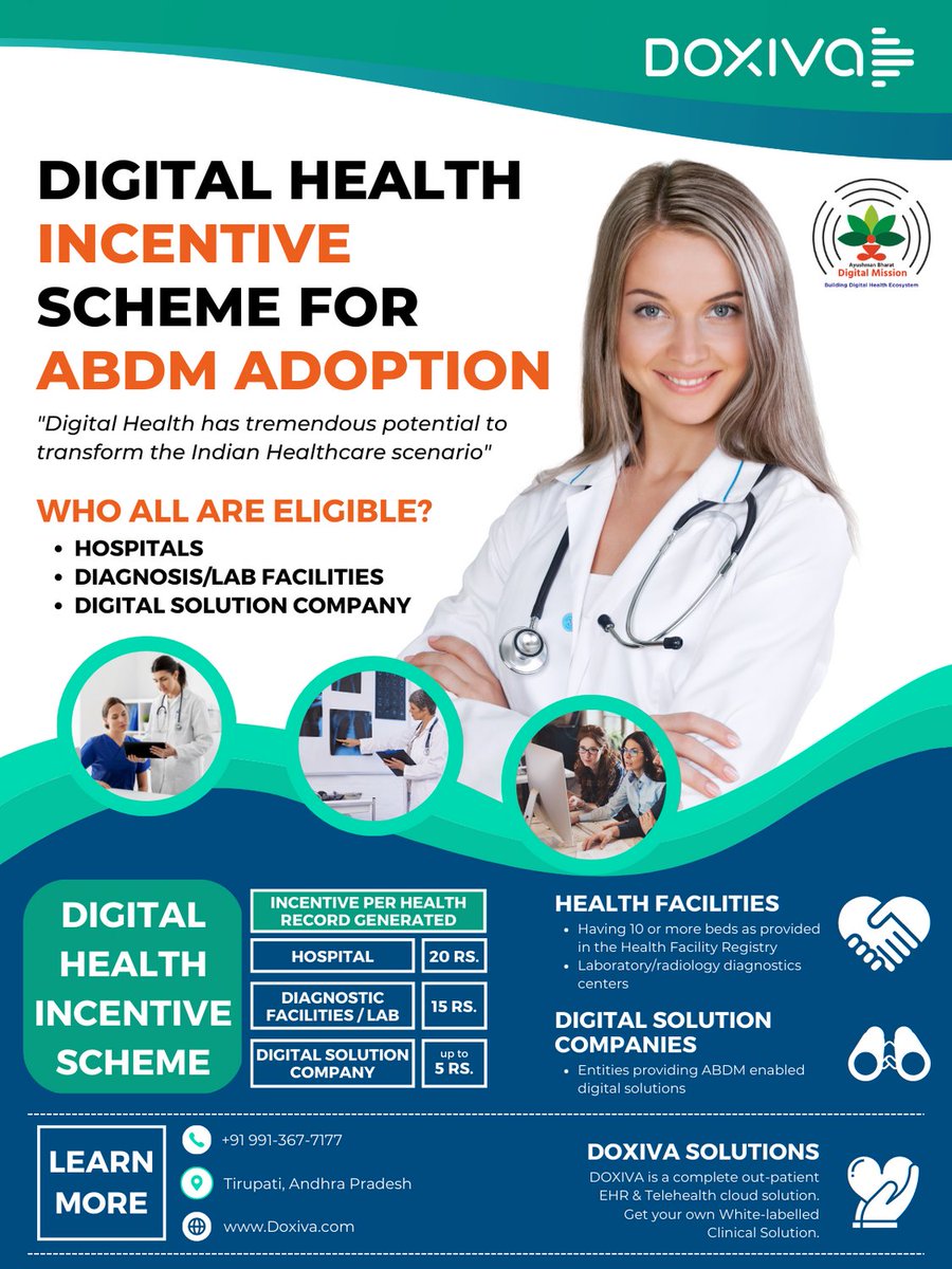 doxivaAI's tweet photo. Digital Health Incentive Scheme Benefiting 

#digitalhealth #hospital  #Doxiva #DigitalHealthIncentiveScheme #NHM #DHIS #ABHA #AyushmanBharatDigitalMission #ABDM #EMR #Laboratory #DiagnosticCenter #IncentiveScheme #NationalHealthMission #ABDMadoption #clinic https://t.co/8pMI4RlbiD