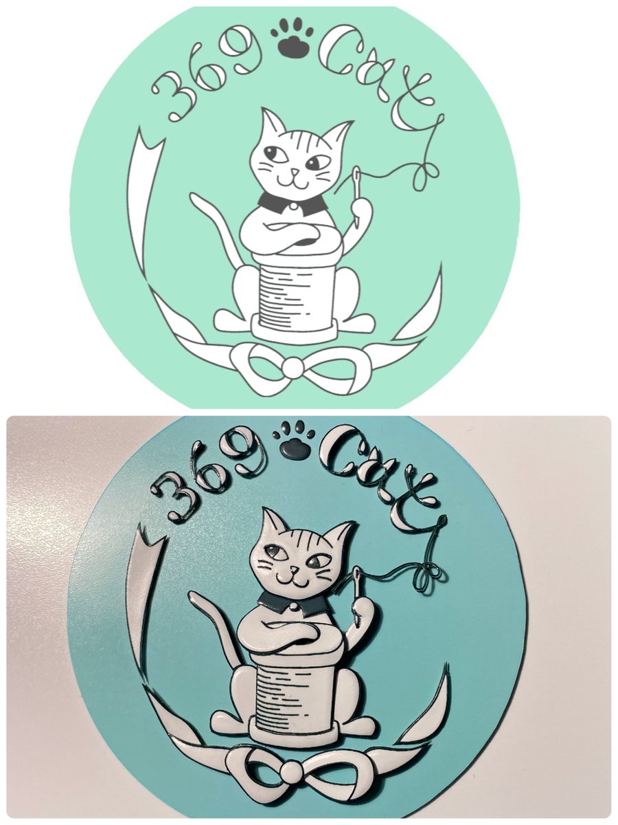 369-catさん(@r_commune )のショップロゴ立体化、ミシン糸を抱えた猫さんはイラストに合わせて丸み付けし、ヒゲも1本ずつパーツ分けして貼り付け、口元もぷっくりと加工しました。ロゴ文字も浮いてます。
ショップロゴの元画像と並べた画像と併せてどう変わったかご覧ください。
#シャドーボックス