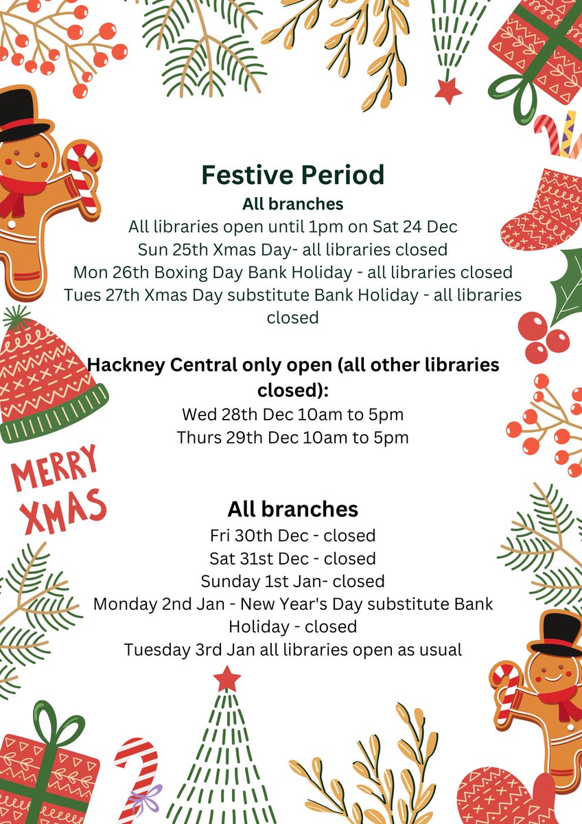 hackneylibs's tweet image. Happy Holidays!
Don&apos;t forget that Hackney libraries are open until lunchtime on Christmas Eve, (Sat 24th December).  At Clapton we have a #KindCoats rail (please take a coat if you need one or leave a coat that you don&apos;t need anymore). #ClaptonLibrary