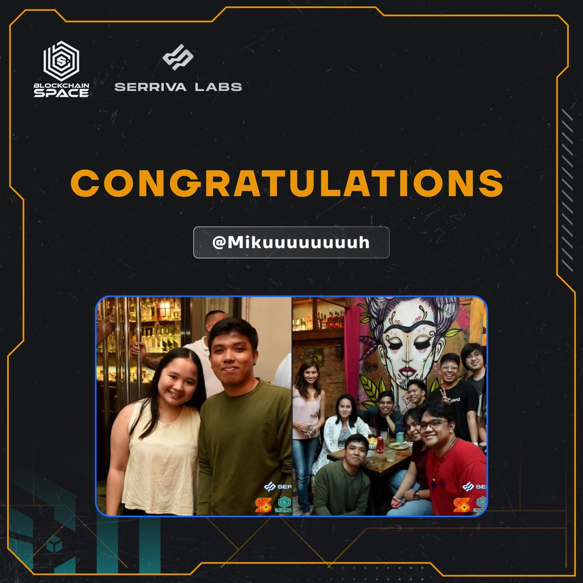 Announcing the #BlockchainSpace x <a href="/serrivalabs/">Serriva Labs</a> Photo Contest Winners! 🎉🥳

Materials taken during Serriva Labs' Community Christmas Party held on December 14, 2022, at A'toda Madre

Congratulations to
<a href="/_jkrtfernandez/">SSICA</a>
<a href="/mitchanthony__/">koykoy</a>
<a href="/Mikuuuuuuuuh/">Mikuuuh.bspc</a>
<a href="/caramel_rushE/">ZEEEE</a>
<a href="/AlfredExequiel/">Alfieeeeee</a>