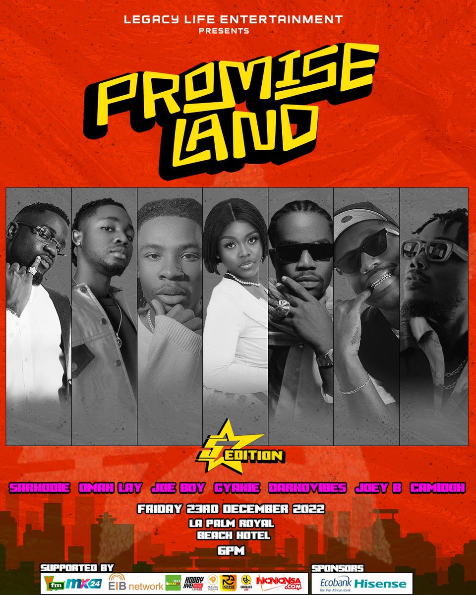 IamKingPromise's tweet photo. Love you guys. TOMORROW at PROMISELAND 🌴 with the family will be amazing …
A true 5 Star Experience with more BIG SURPRISES! Let’s goooo

Get your Tickets at https://t.co/56ielmHCRx 🇬🇭💚 @sarkodie @Omah_Lay @Joeboy @Gyakie_ @1RealJoeyB @Joeboy @darkovibes @Camidoh &amp; many more ! https://t.co/OfvvtT8wDa