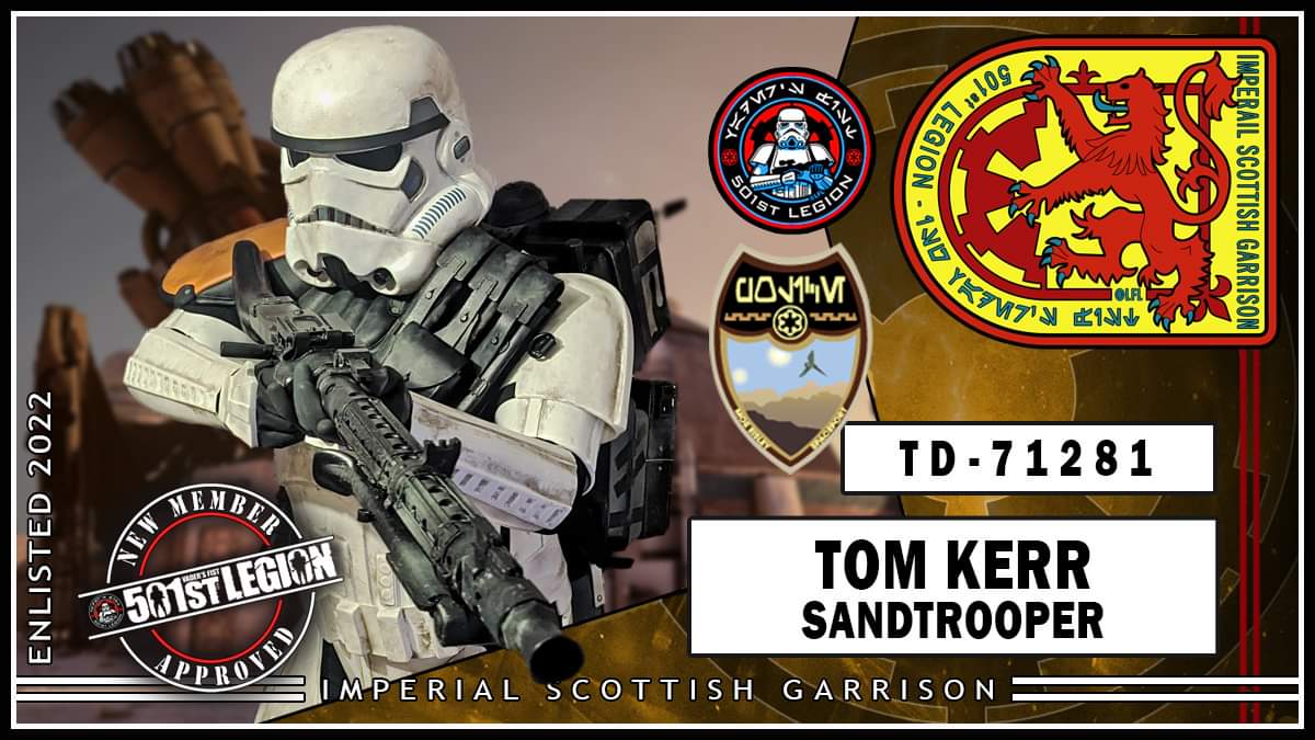 ⚠️NEW TROOPER ALERT!⚠️

The ISG would like to welcome TD-71281 to the Garrison!

Welcome aboard trooper, now go find those droids!

Want to join us? 👉 501st.scot/join-us

Want to request an  appearance? 👉 501st.scot/request-an-app…  

#BadGuysDoingGood