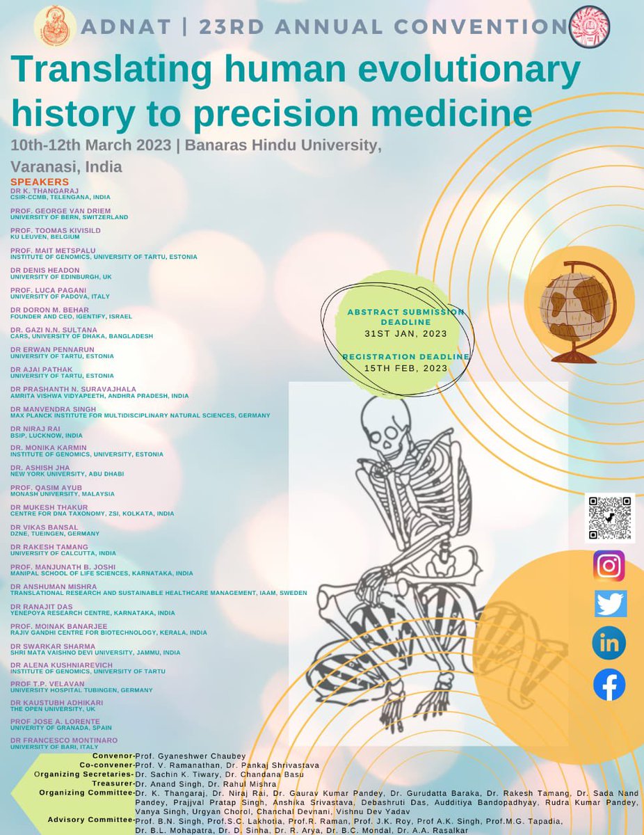 gyanc7's tweet photo. CONFERENCE ANNOUNCEMENT: #BHU is hosting 23rd ADNAT (https://t.co/0Nrp5bfVIc) conference from 10th – 12th March 2023. The theme of this conference is dedicated to the #2022NobelPrize in #PhysiologyandMedicine focusing the ancient DNA and Advances in #genomics and #forensics. https://t.co/wn8YubX3gW