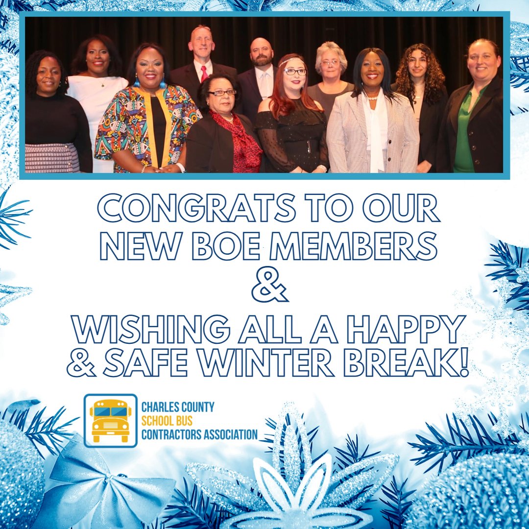 We congratulate our Charles County Board of Education members, who were sworn in this week.

Wishing all of the board members, as well as all of our drivers, staff, students and families a wonderful and joyous holiday. Enjoy your winter break!
