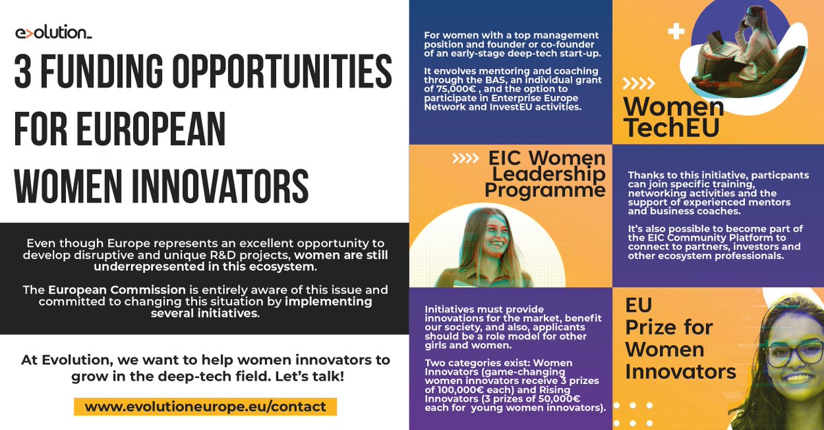 What is the #EUCommission doing to solve the unequal situation of entrepreneur women? 💁‍♀️

We compiled 3 excellent #funding opportunities for European #women innovators managed by the @EUeic. 🔽

#euEIC #WomenTechEU #EICWomenLeadershipProgramme #FemaleInnovators #euPrize