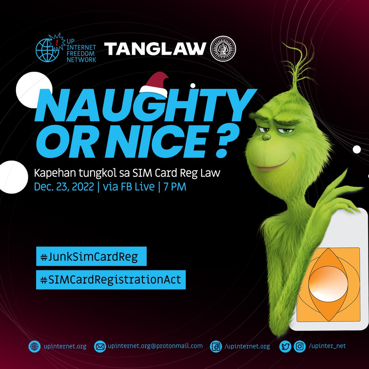 upinter_net's tweet photo. Who is that Grinch who stole Christmas? Ngayong paparating na December 27, alam niyo ba na mayroong may planong kunin ang impormasyon ninyo?
#JunkSimCardReg
#SIMCardRegistrationAct (1/2) https://t.co/H4FMnkbiWE