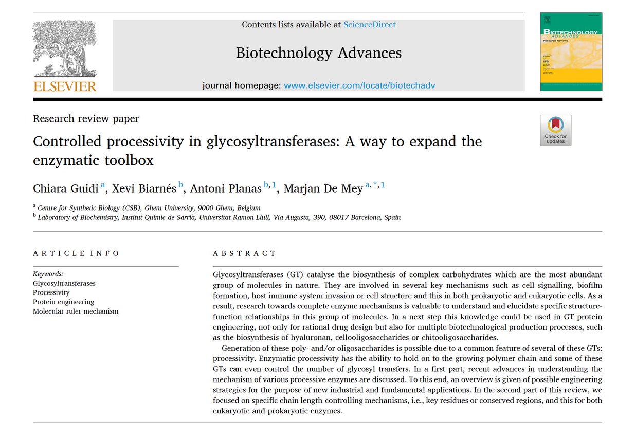 New review out! Controlled processivity in glycosyltransferases: A way to expand the enzymatic toolbox. An overview of mechanistic insights and proposals for protein engineering (in vitro and in vivo)!
<a href="/xevibiarnes/">Xevi Biarnés</a> <a href="/mademey/">Marjan De Mey</a> <a href="/CSB_UGent/">Centre for Synthetic Biology</a> <a href="/IQSbarcelona/">IQS Barcelona</a> 
sciencedirect.com/science/articl…