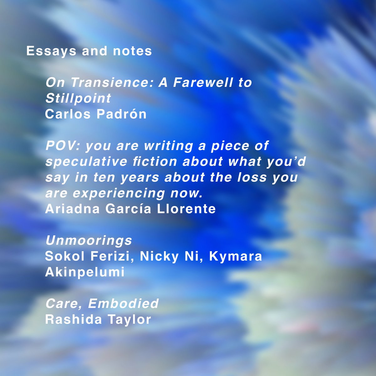 StillpointMag's tweet photo. TAKE CARE, a goodbye issue containing essays and notes, poetry and stories, and artworks by former contributors to the magazine and our team members. Thank you all.

https://t.co/6Lmh4gx8AP

See ya! https://t.co/dTqzj0LLr3