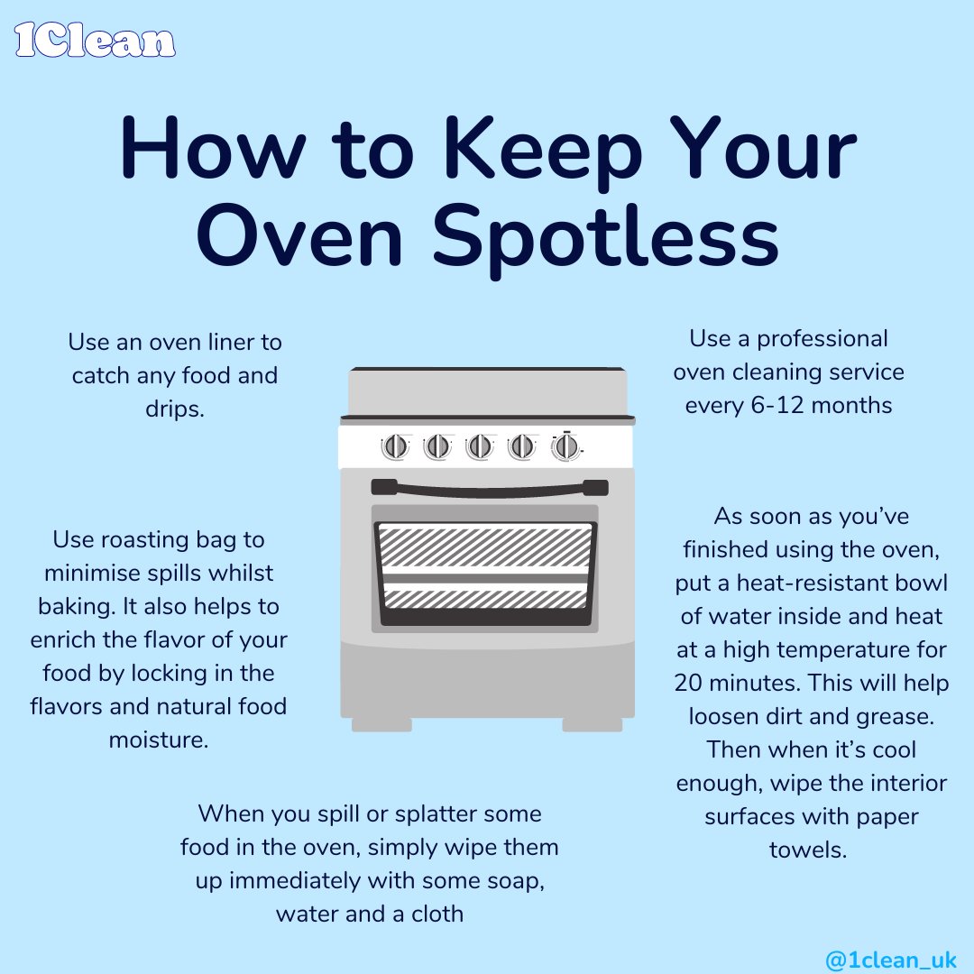 1clean_uk's tweet image. Our top tips to keep your oven spotless all the time 💙

Implementing those tips not only guarantees that your food will be healthier and germ-free, but also will be tastier.🥑

#1clean #cleanwith1clean #wecleanyouenjoy #clean #cleaning #home #Housekeeper