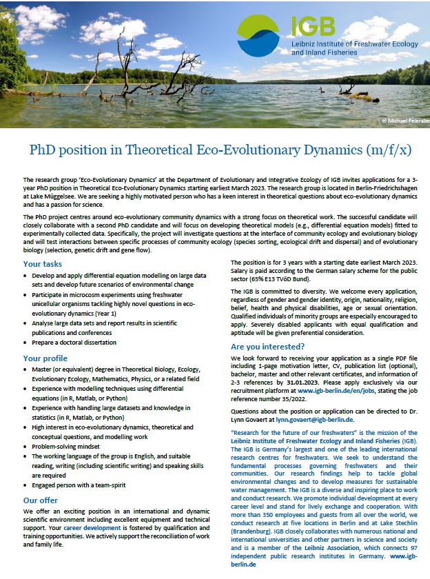 Happy to announce that I will be recruiting two PhD students in 2023 working on questions in eco-evolutionary dynamics. Job ads attached. Feel free to retweet or share with those you think could be interested in these positions.