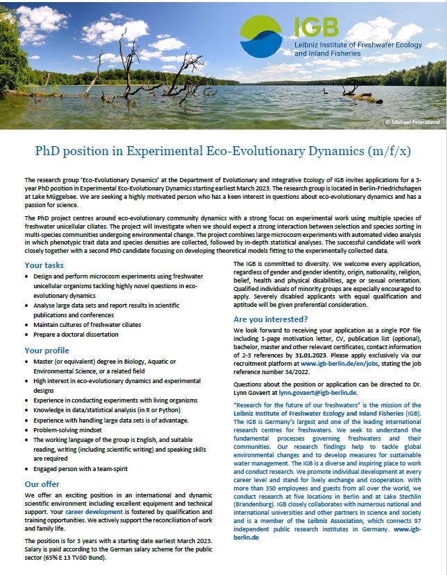 LynnGovaert4's tweet photo. Happy to announce that I will be recruiting two PhD students in 2023 working on questions in eco-evolutionary dynamics. Job ads attached. Feel free to retweet or share with those you think could be interested in these positions. https://t.co/5YVnvEDngU