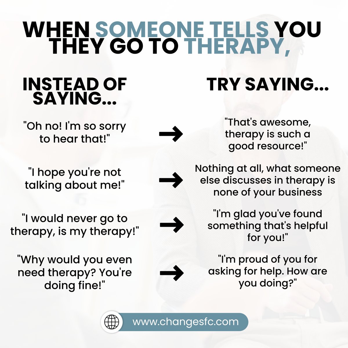CSATinChicago's tweet image. What kinds of responses have you received from people after telling them you go to therapy?
----
🌐 changesfc.com
.
#changesfc #searchingforchange