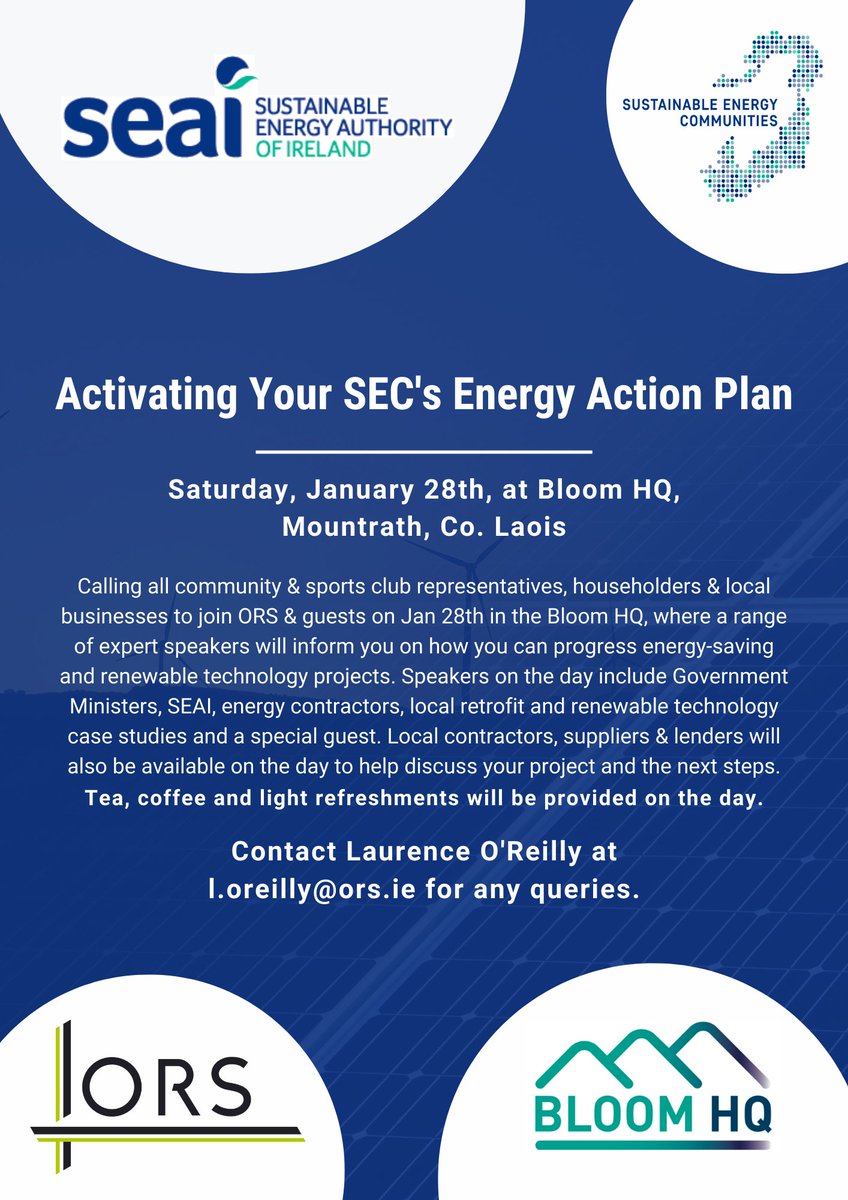 The Midland Sustainable Energy Community mentors are organising 'Activating your SECs Energy Action Plan; event in <a href="/HqBloom/">BloomHQ</a> on Sat, 28th Jan 2023. 

Registration for the event is available at eventbrite.ie/e/activating-y… 

@1990_reilly <a href="/IsabellaDonnel1/">Isabella Donnelly</a>