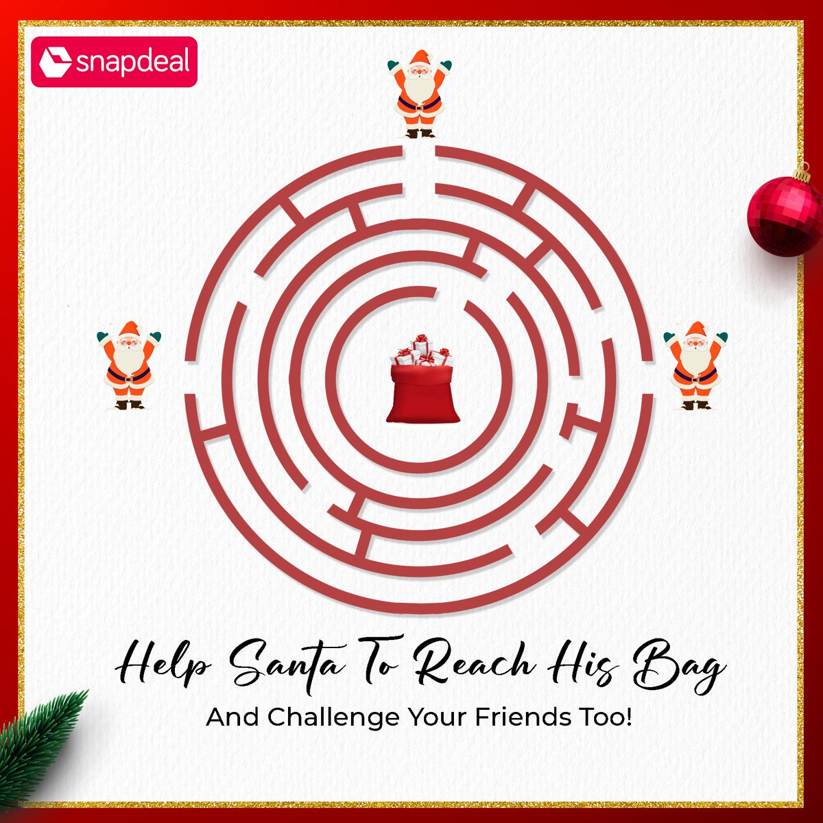 snapdeal's tweet photo. Guide Santa on his way to his bag - after all gifts chaiye ki nahi?🛣️ Tell us which is the right route for Santa in the comments below.
#Snapdeal #Deals #Christmas #Christmas2022 #MerryChristmas #EngagementPost #HelpSantaToReach #FindWay #Challenge #Fun #Gift #OnlyShopOnSnapdeal https://t.co/diy9WUNbsf