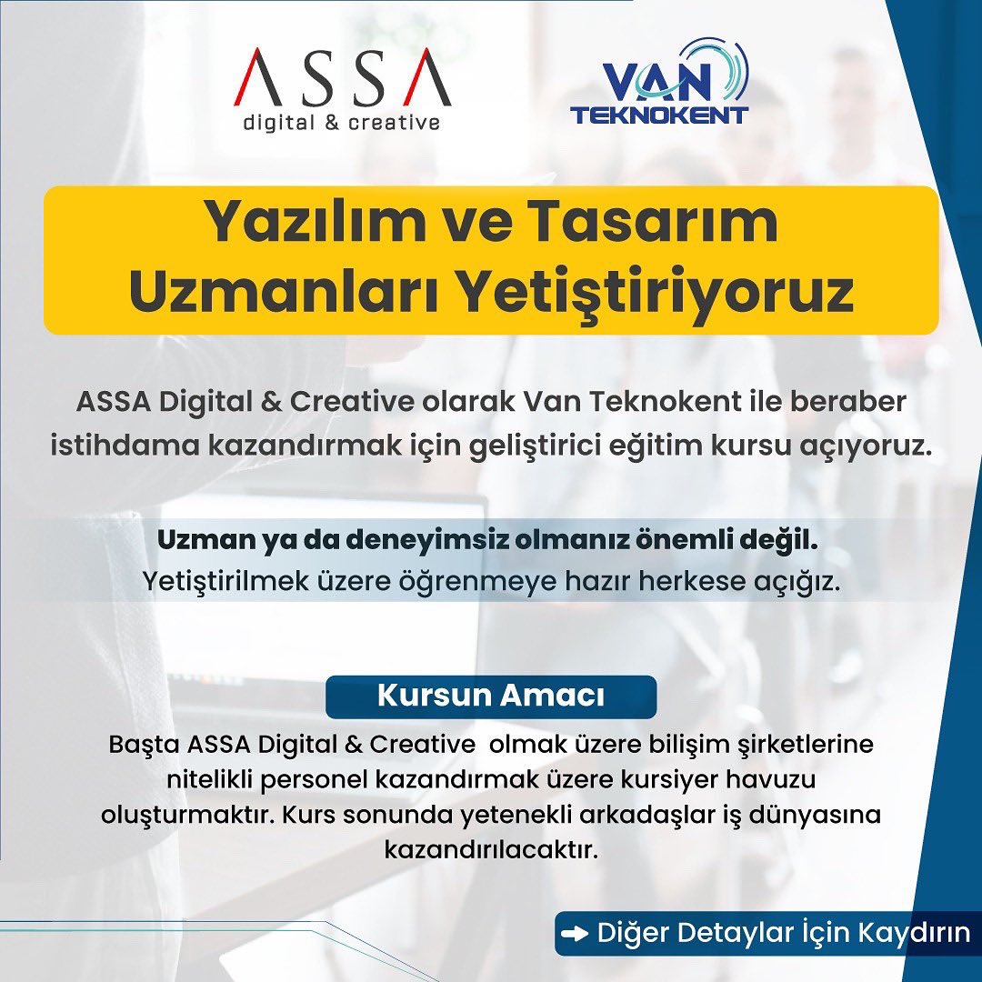 assa_digital's tweet photo. Yazılım ve Tasarım Uzmanları Yetiştiriyoruz!
ASSA Digital & Creative, VAN TEKNOKENT ile birlikte “Web Geliştirme & Grafik Tasarım” kursları açıyor.
Başvuru İçin :
https://t.co/hDcF4b6y9i
#ASSADigitalCreative #Vanteknokent @TeknoVan https://t.co/PfV6W6pSKU