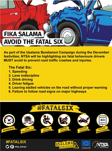 SiayaInstitute's tweet photo. Join the #UsalamaBarabarani Conversation this festive season as we highlight the #FatalSix behaviours you should avoid to keep our roads safe @ntsa_kenya https://t.co/XL57to9pHa