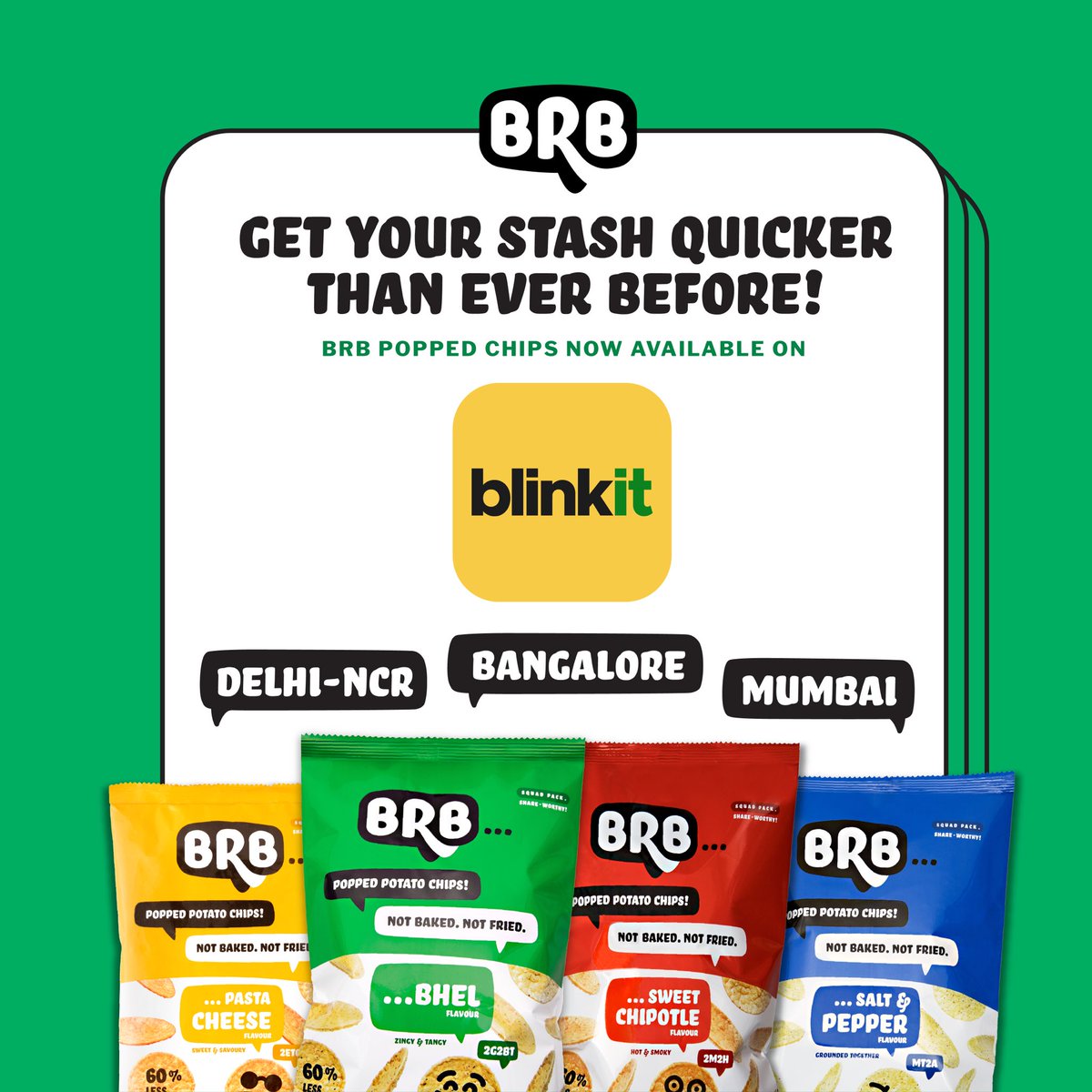 Feel_Like_BRB's tweet image. Get your fix of #PoppedChips that are healthy cos #NotBaked #NotFried quicker than ever before — cos we are now available on @letsblinkit 👀 Ready to get the quickest chips ever? On your marks, get set, order ⏰