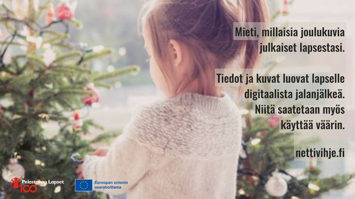 Nettivihje's tweet photo. Joulu lähestyy ja iloisista hetkistä voi olla mukava jakaa kuvia. 🎄 Muista kuitenkin, että lapsen kuvia jakaessa tulee aina pohtia lapsen turvallisuutta ja yksityisyyttä. Jaetut kuvat ja tiedot luovat lapselle digitaalista jalanjälkeä, joka ei katoa.

#joulu #lapsenoikeudet https://t.co/jMs1Q0e2g0