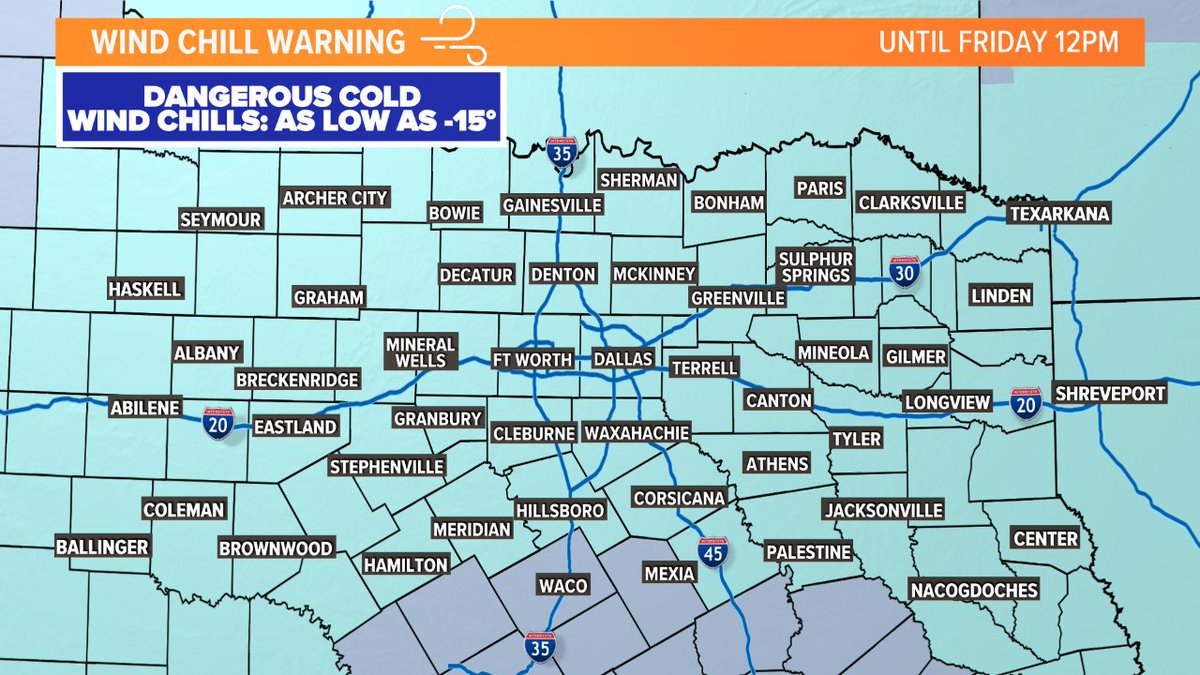 wfaaweather's tweet photo. Wind Chill Warning is place for North Texas now with a Hard Freeze Warning in place tonight as temperatures drop dangerously low. 
DFW's Friday morning low: 11. 
#wfaaweather https://t.co/OzXF7F0JyA