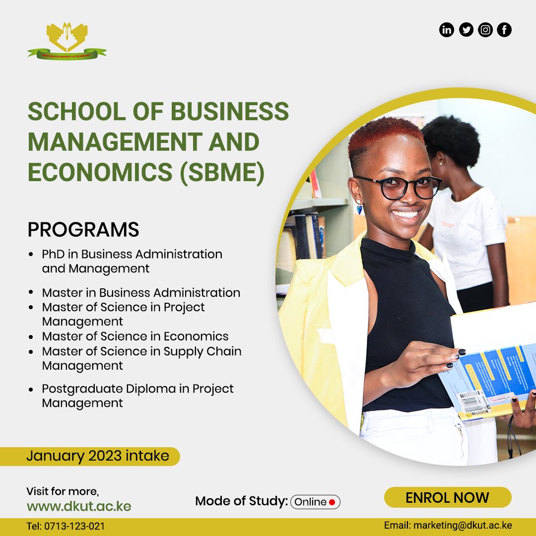 DeKUTkenya's tweet photo. Enrol for our postgraduate programs in the School of Business Management and Economics (SBME) and advance your career to the next level.

Mode of Study: Online 

Apply for the January 2023 Intake at: https://t.co/FB2lvRMr51

#betterlifethroughtechnology https://t.co/5E01utsmnL