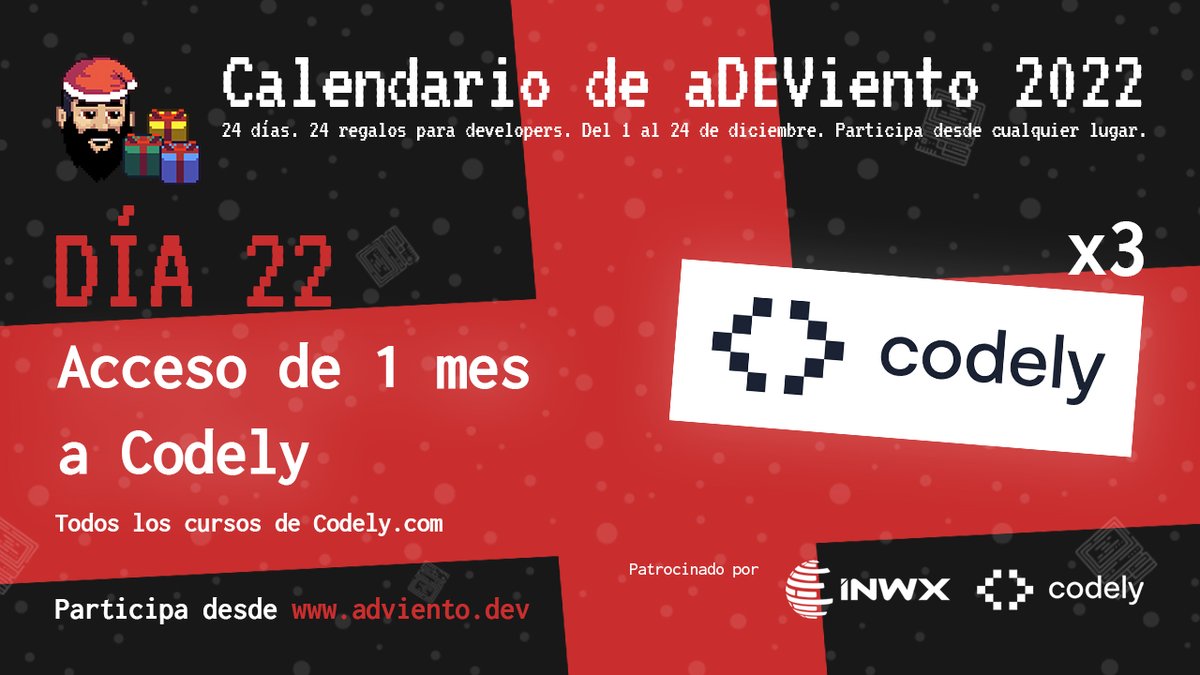 Aquí está el nuevo regalo sorpresa del "Calendario de aDEViento 2022"!

🗓️ 24 días
🎁 24 regalos para developers
🌐 Sorteo mundial

DÍA 22:
👉 (x3) Accesos a todos los cursos de codely.com
¡Gracias <a href="/CodelyTV/">Codely ﹤🍍﹥</a>!

🔁 Únicamente haz RT para participar

#aDEViento2022