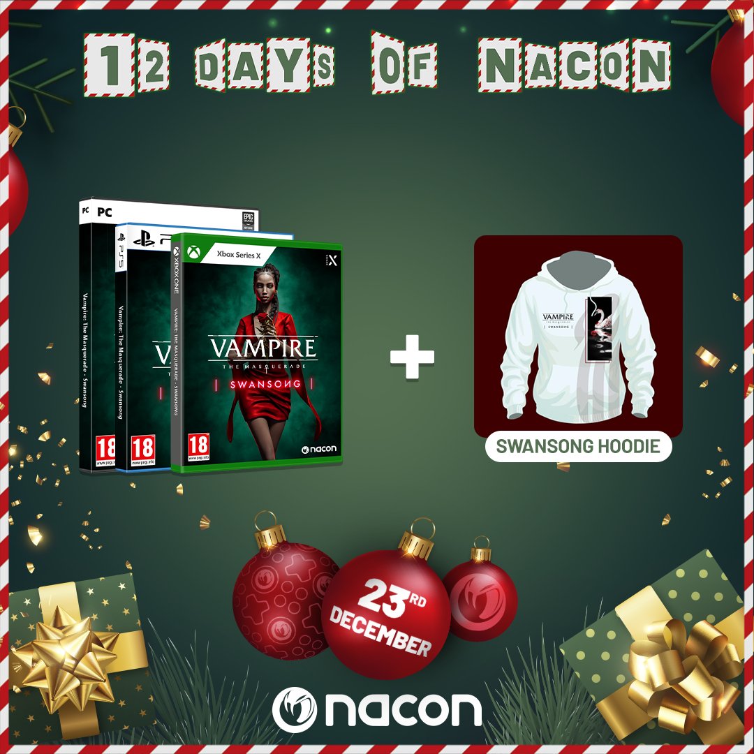 🎶On the twelfth of Christmas, Nacon gave to me! 1 copy of Vampire: The Masquerade - Swansong + 1 Swansong Hoodie (Black or White) 1⃣ Follow @Nacon & @BIGBADWOLFSTUD1 2⃣ RT this tweet For an extra chance: bit.ly/12Days_Of_Nacon