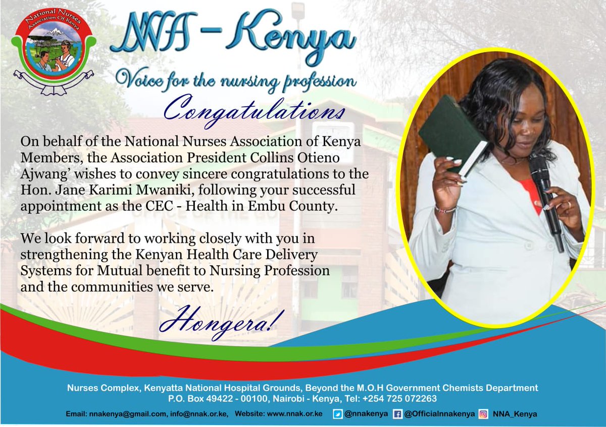 Congatulations Hon. Jane K. Mwaniki follwing your successful appointment as the CEC- Health in Embu County