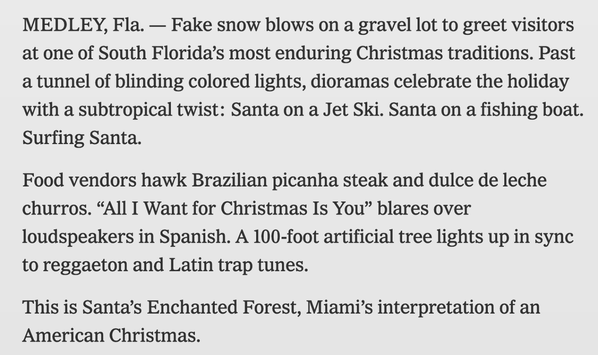 The NY Times' @PatriciaMazzei captures all the right elements of Miami-Dade County's Santa's Enchanted Forest in the first couple paragraphs of her story that appears today. via nytimes.com/2022/12/22/us/…