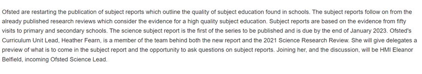 Come along to our session ‘Ofsted Science Subject Report Preview’ <a href="/theASE/">The ASE</a> national conference with <a href="/EleanorBelfield/">Eleanor Belfield</a> (Incoming Science Lead, @Ofsted), <a href="/HeatherBellaF/">Heather Fearn</a> (Curriculum Unit Lead, Ofsted), <a href="/PsqmTurner/">Jane Turner</a> + Pete Robinson 2023aseannualconferenceshu.sched.com/event/15p2u/th…