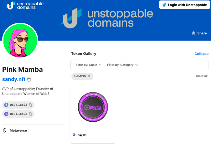 JoinPlay1st's tweet photo. We’re thrilled to be featured within a new category in @unstoppableweb profile Token Gallery!
Under the Gaming category, users can now show off their Play1st badge and be eligible for special perks &amp; benefits for being part of the community.
Try it out: https://t.co/CJ28ooGMt1 https://t.co/iufWMxbshT